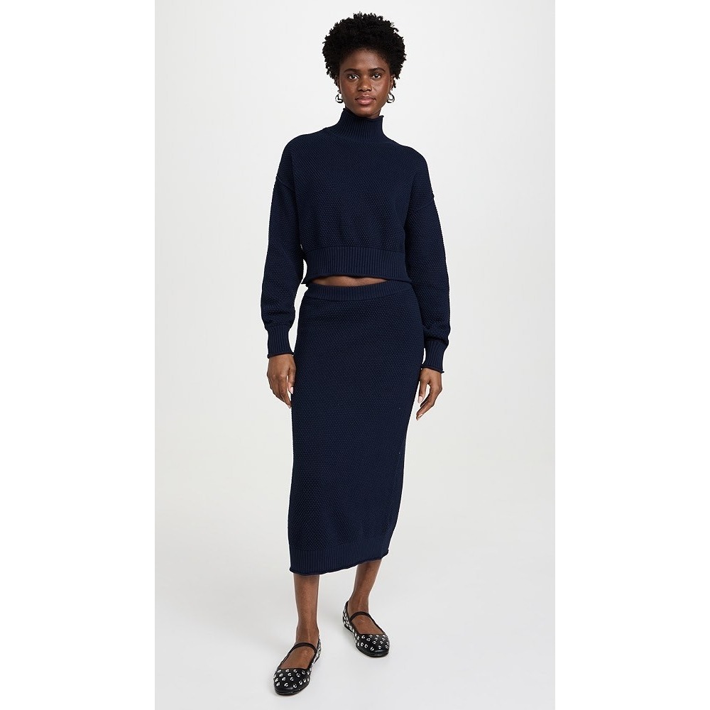 New Free People FP Beach Hailee Knit MockNeck Sweater & Midi Skirt Set in Navy L
